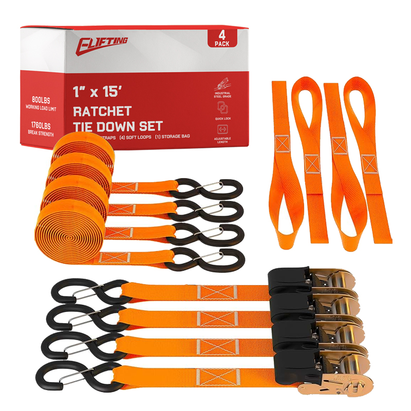1 ″ x 15 "소프트 루프가있는 래칫 타이 다운 키트 (4- 팩)